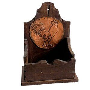Vintage Wooden Recipe Box Copper Rooster Wall/Tabletop 8” Rustic Farmhouse Charm